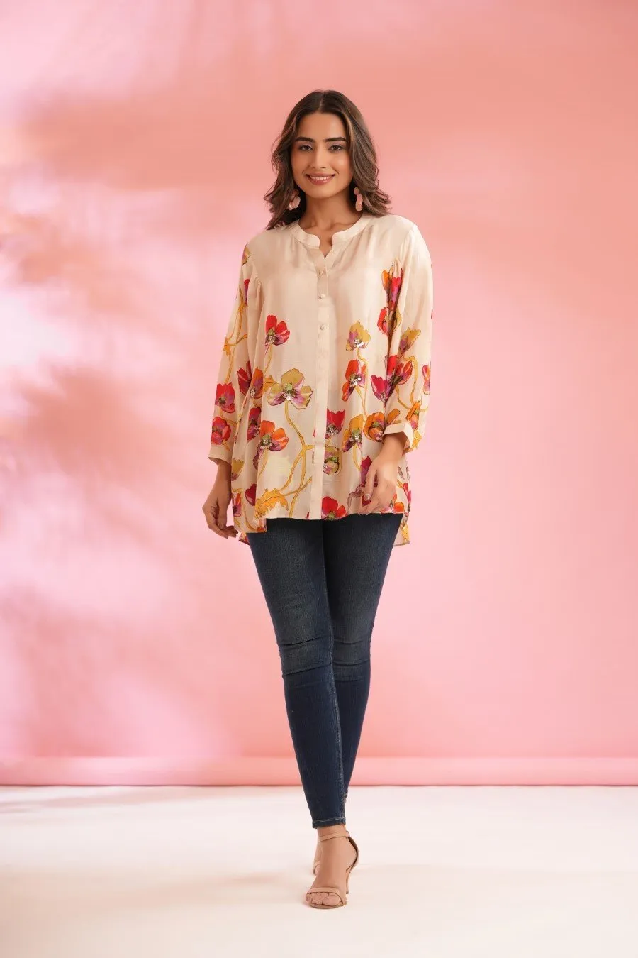 Cream Floral Printed Crepe Silk Top