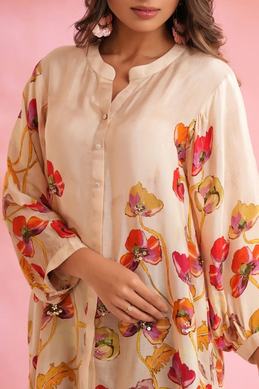 Cream Floral Printed Crepe Silk Top