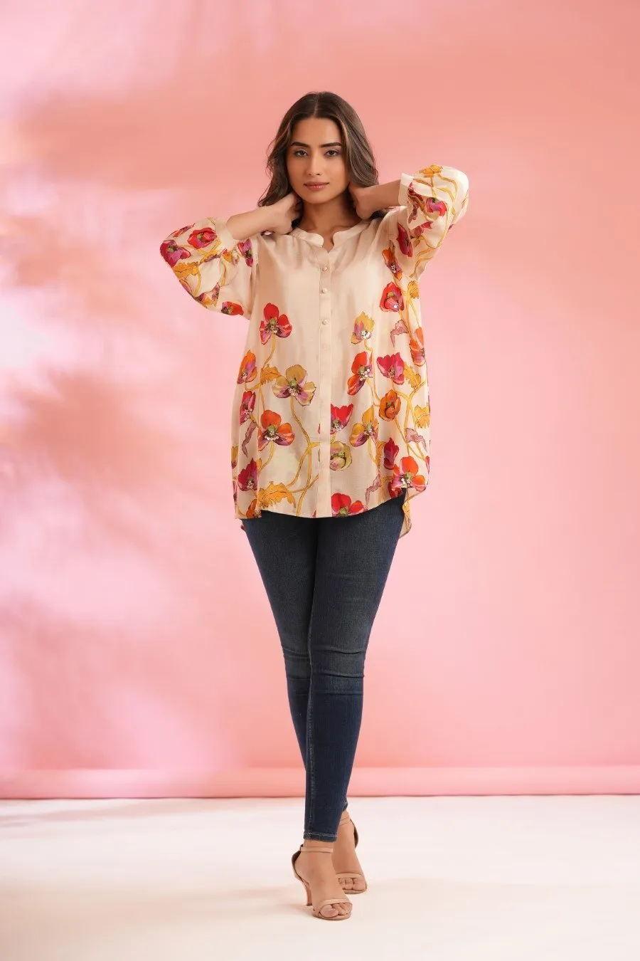 Cream Floral Printed Crepe Silk Top