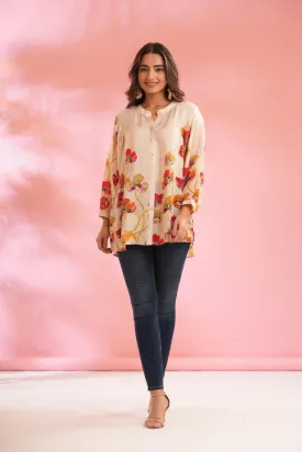 Cream Floral Printed Crepe Silk Top