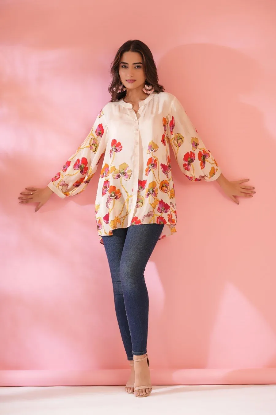 Cream Floral Printed Crepe Silk Top