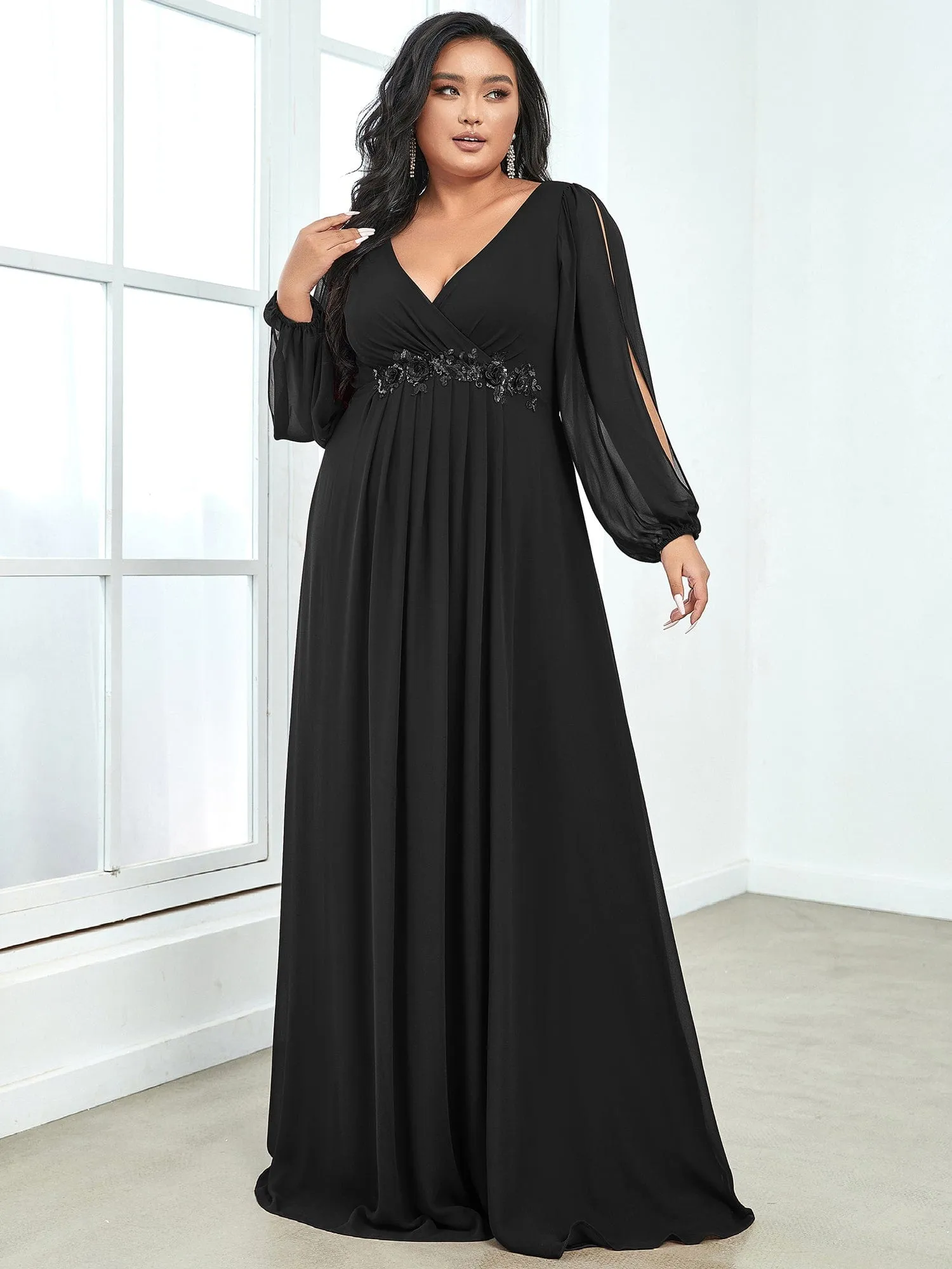 Custom Size Chiffon V-Neckline Long Sleeve Formal Evening Dress