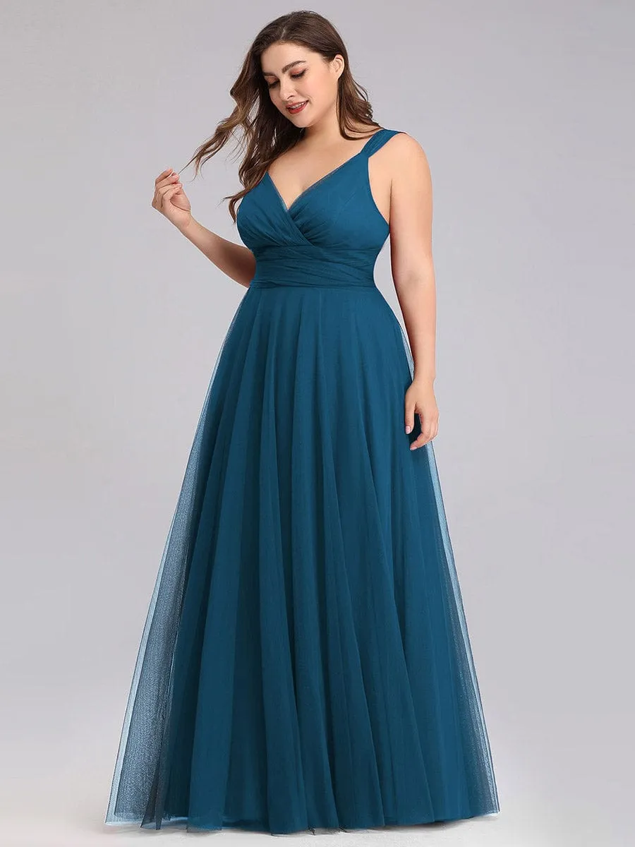 Custom Size Floor Length Double V Neck Tulle Bridesmaid Dresses