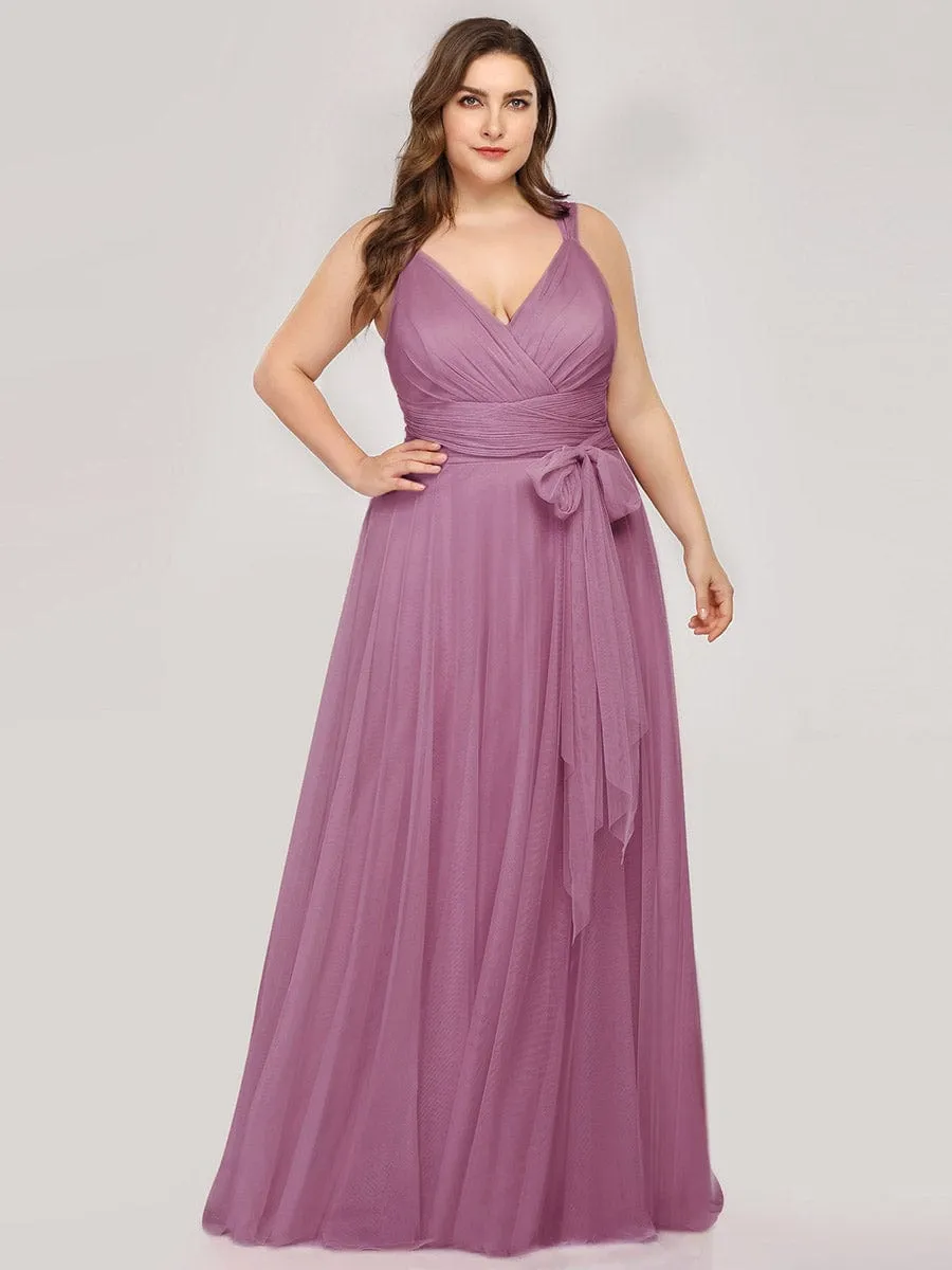 Custom Size Floor Length Double V Neck Tulle Bridesmaid Dresses