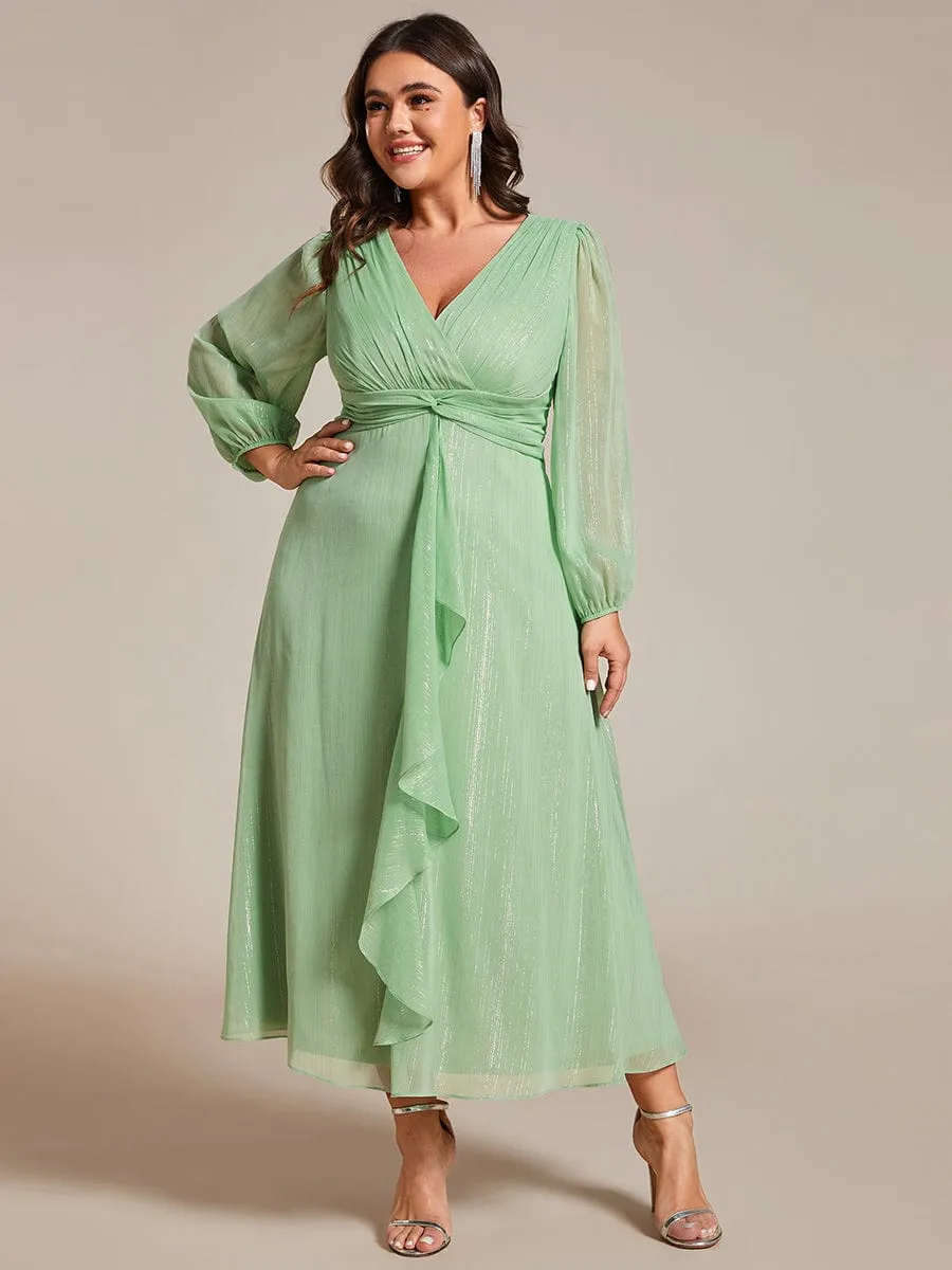 Custom Size See-Through Long Sleeve Twist Knot A-Line Lotus Leaf Shimmering Evening Dress