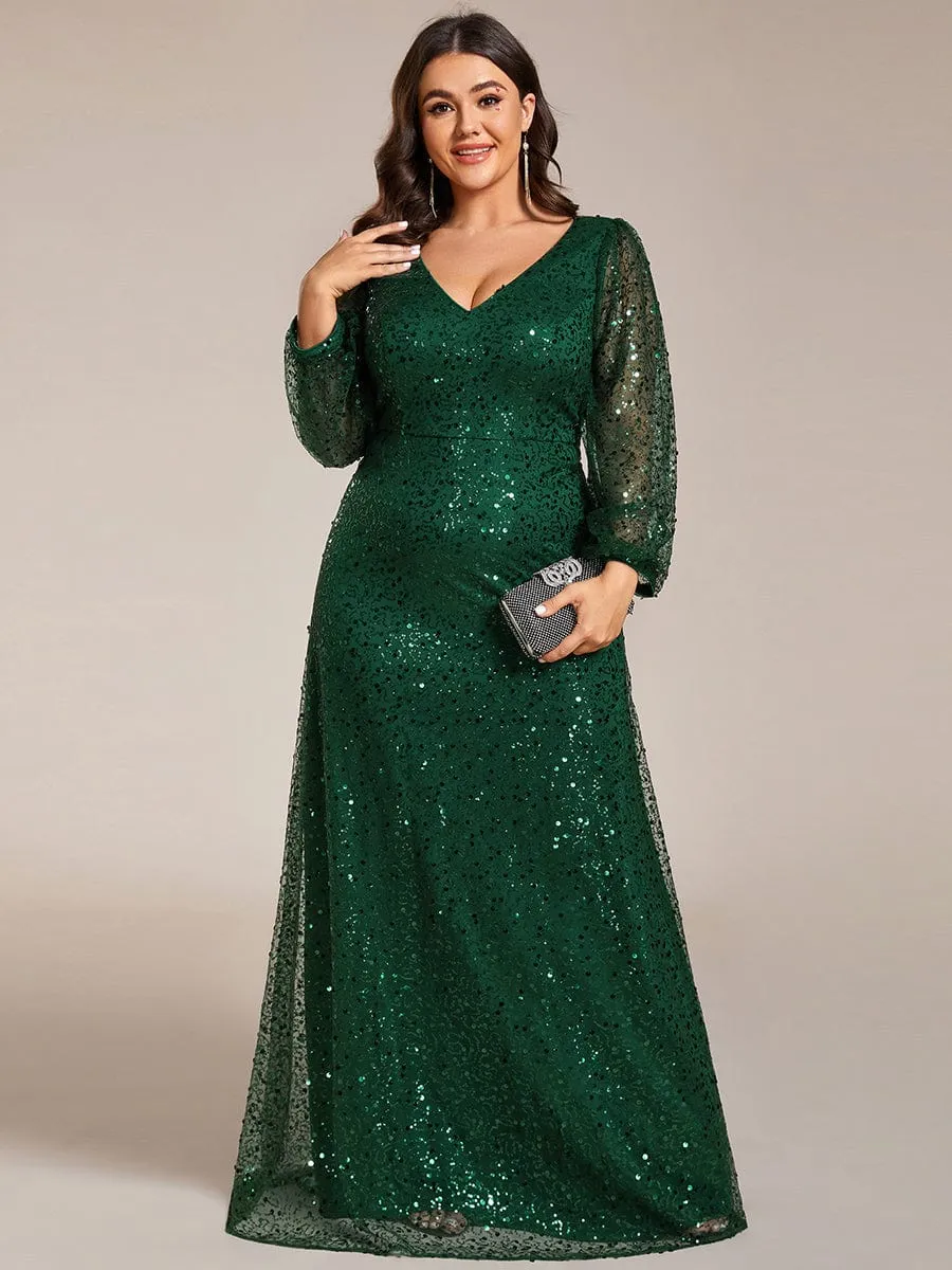 Custom Size Shimmering All Over V-Neck Long Lantern Sleeve Sequin A-Line Evening Dress