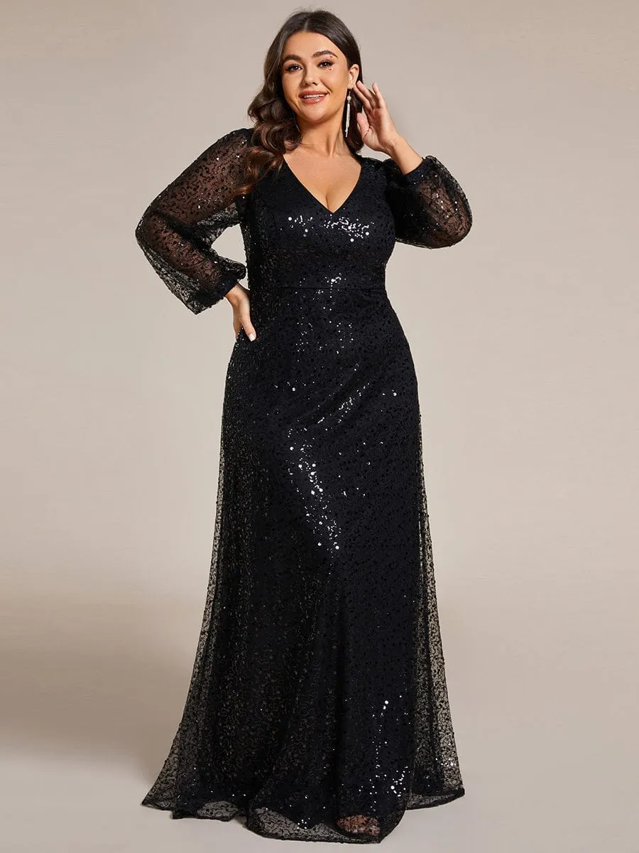 Custom Size Shimmering All Over V-Neck Long Lantern Sleeve Sequin A-Line Evening Dress