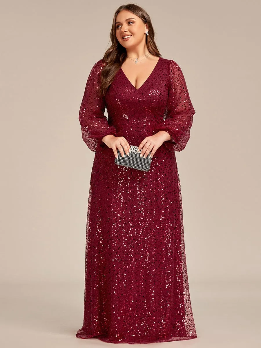 Custom Size Shimmering All Over V-Neck Long Lantern Sleeve Sequin A-Line Evening Dress