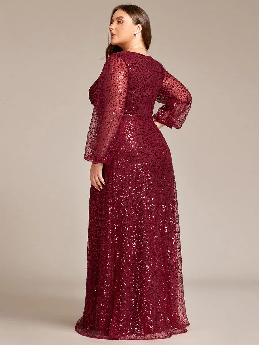 Custom Size Shimmering All Over V-Neck Long Lantern Sleeve Sequin A-Line Evening Dress