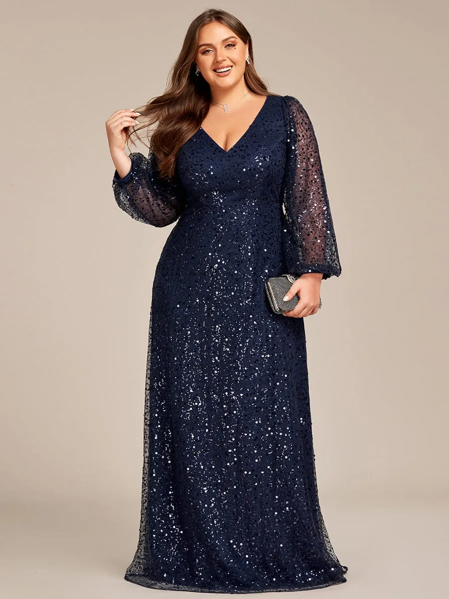 Custom Size Shimmering All Over V-Neck Long Lantern Sleeve Sequin A-Line Evening Dress