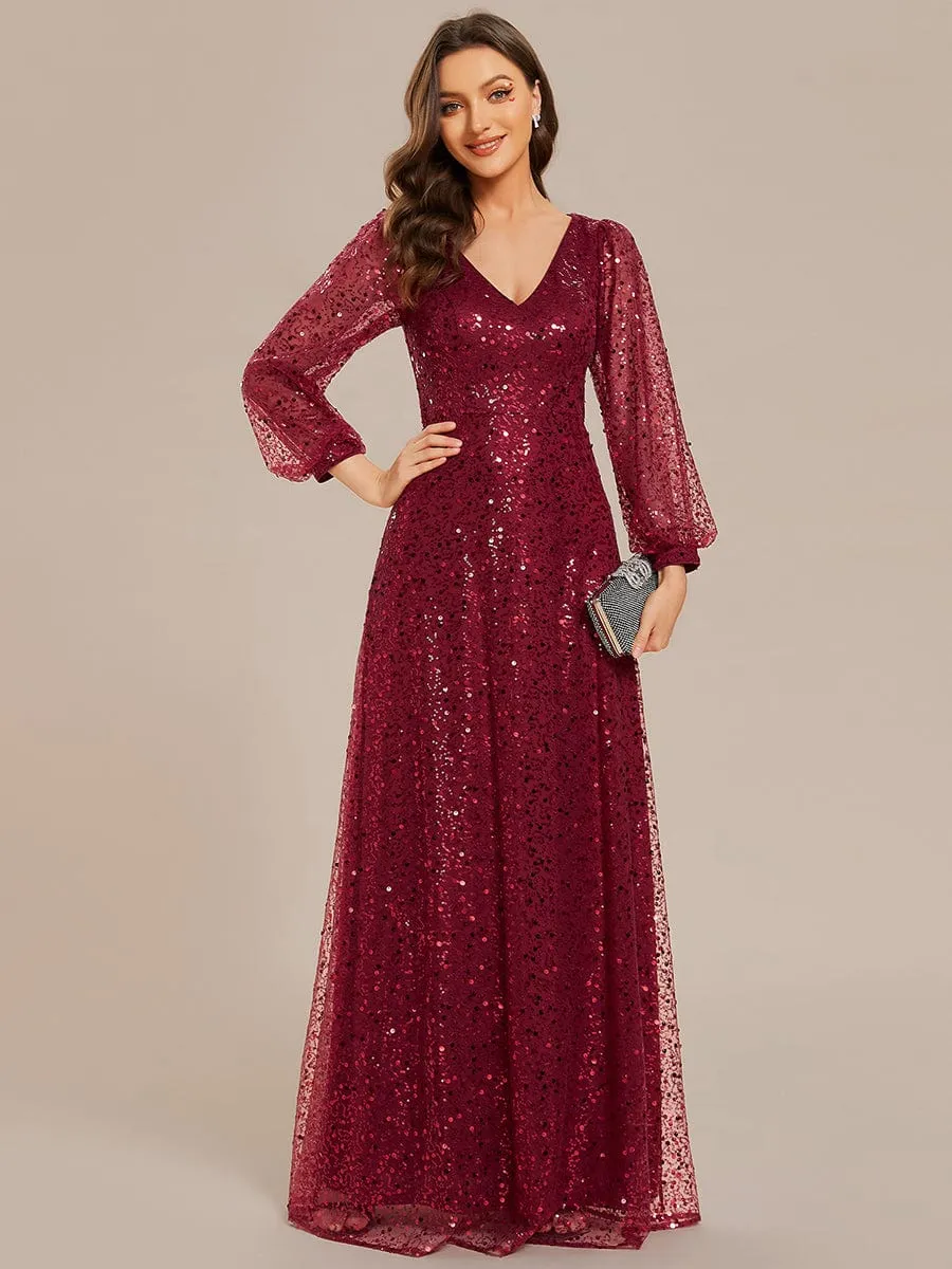 Custom Size Shimmering All Over V-Neck Long Lantern Sleeve Sequin A-Line Evening Dress