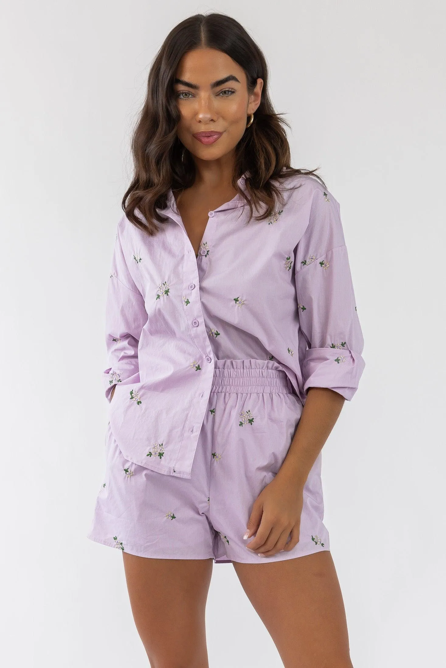 Daniella Lilac Floral Embroidered Poplin Top - Final Sale