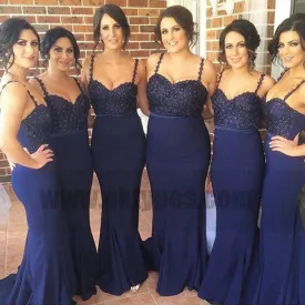 Dark Navy Spaghetti Strap Glittering Beads Trumpet Bridesmaid Dresses With Sweep Train, TYP0754