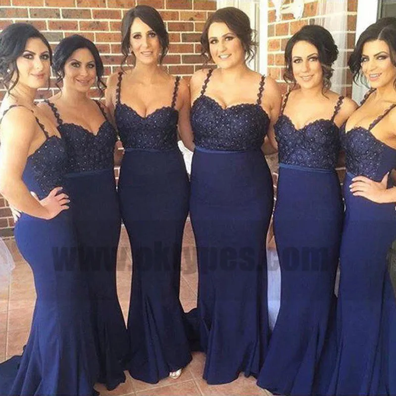 Dark Navy Spaghetti Strap Glittering Beads Trumpet Bridesmaid Dresses With Sweep Train, TYP0754