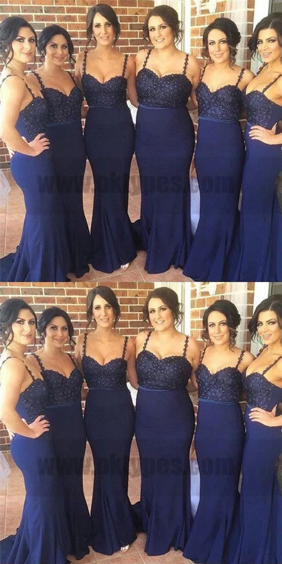 Dark Navy Spaghetti Strap Glittering Beads Trumpet Bridesmaid Dresses With Sweep Train, TYP0754