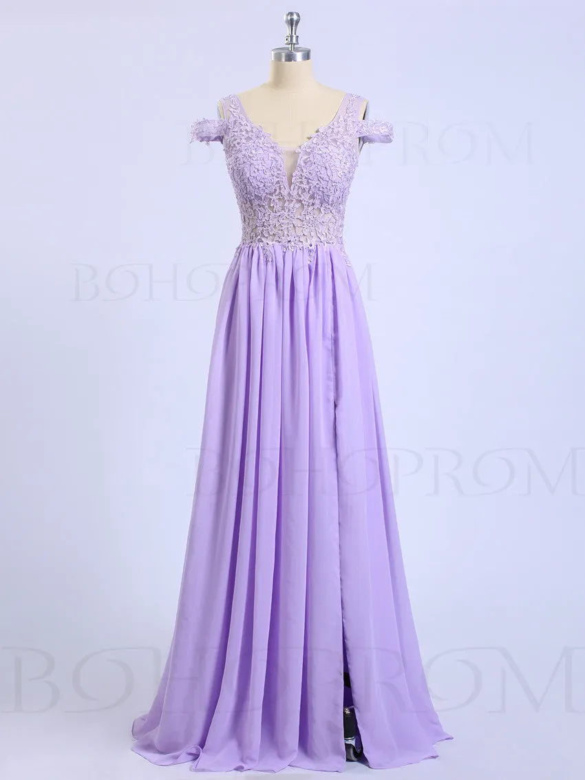 Delicate Chiffon V-neck Neckline Sweep Train A-line Prom Dresses With Appliques PD023