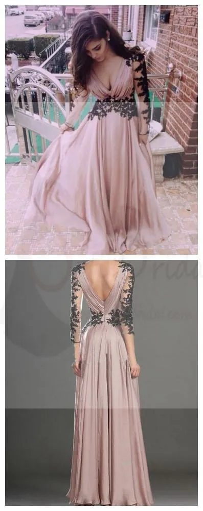 Dusty Pink V-neck Long Sleeve Chiffon Popular Prom Dresses Online,PD0112