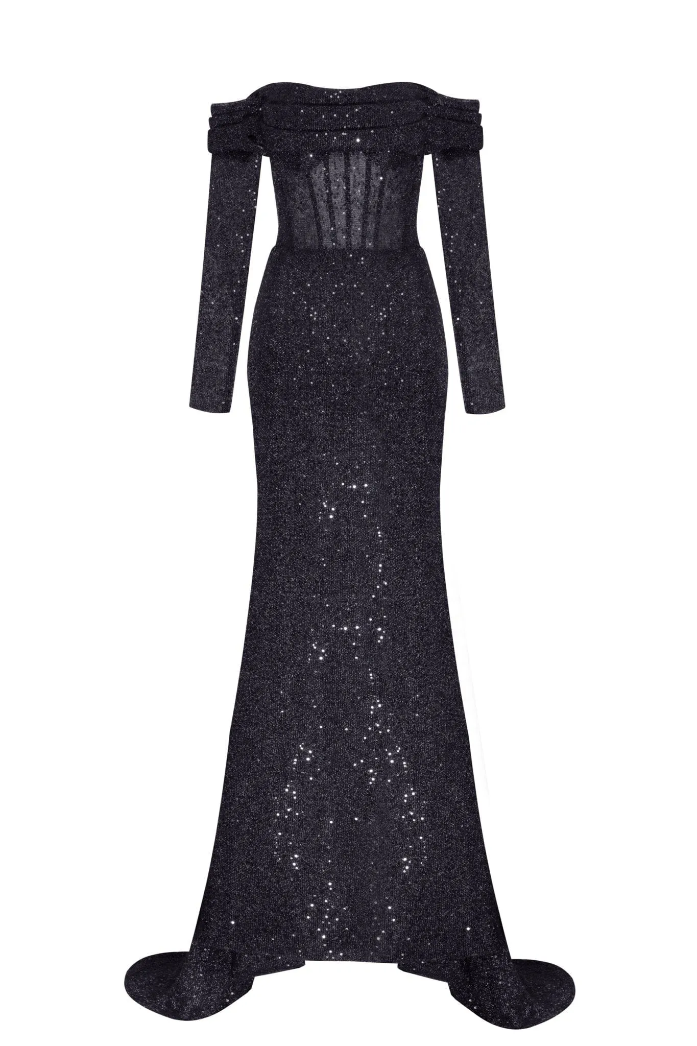 Elegant black off-the-shoulder sparkling maxi dress