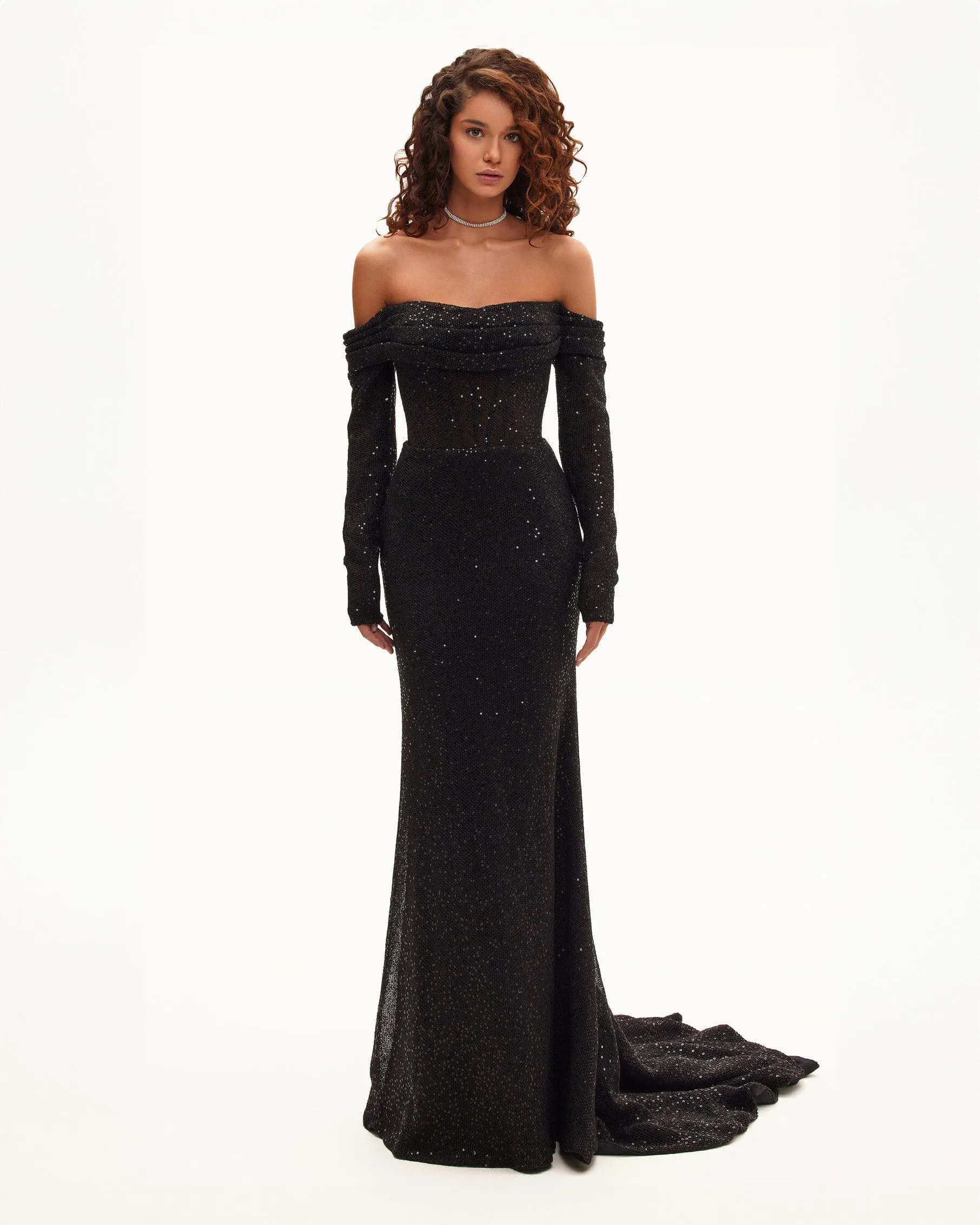 Elegant black off-the-shoulder sparkling maxi dress