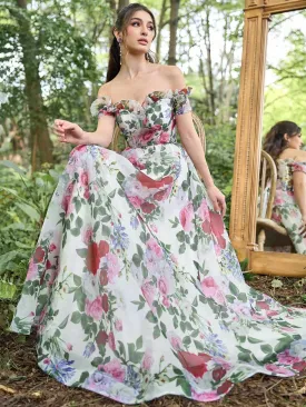 Elegant Floral Organza Ruffle Trim Off Shoulder Prom Dress