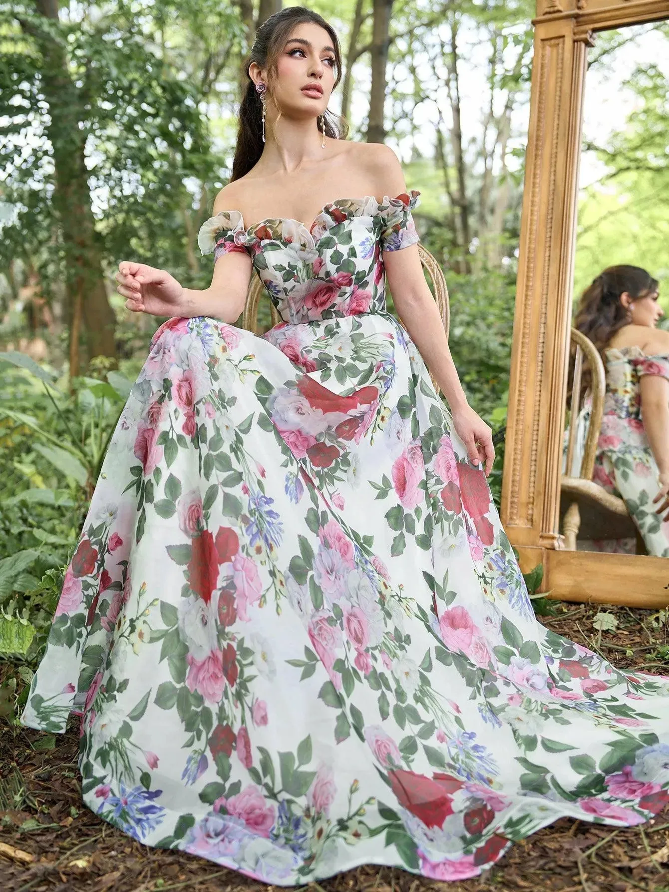 Elegant Floral Organza Ruffle Trim Off Shoulder Prom Dress