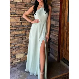 Elegant Halter A-line Side Slit Long Satin Mist Bridesmaid Dresses Online, BG799