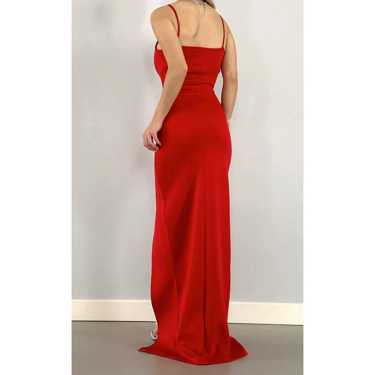 Elegant Jersey Spaghetti Straps Mermaid Side Slit Red Long Bridesmaid Dresses Online, BG636