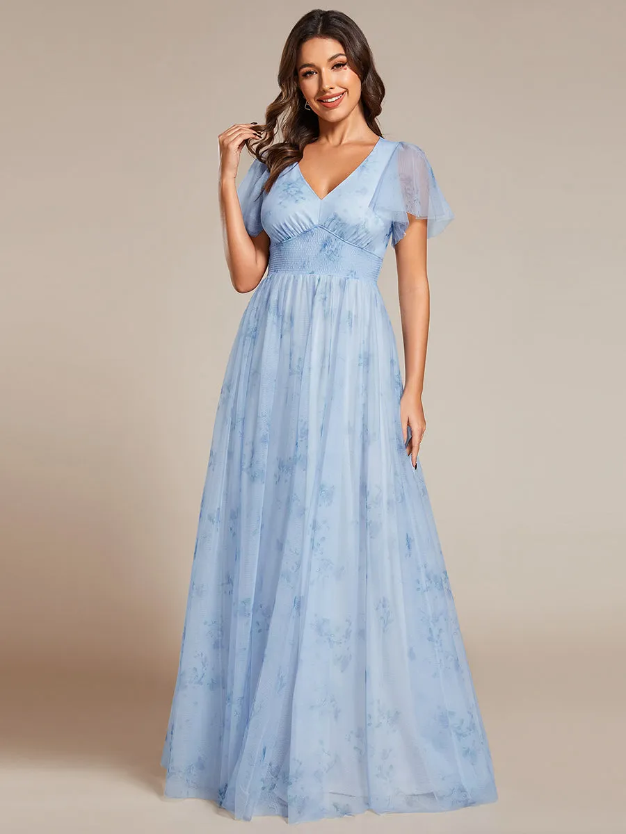 Elegant Printed Floral Tulle V-Neck Short Sleeves Evening Dress