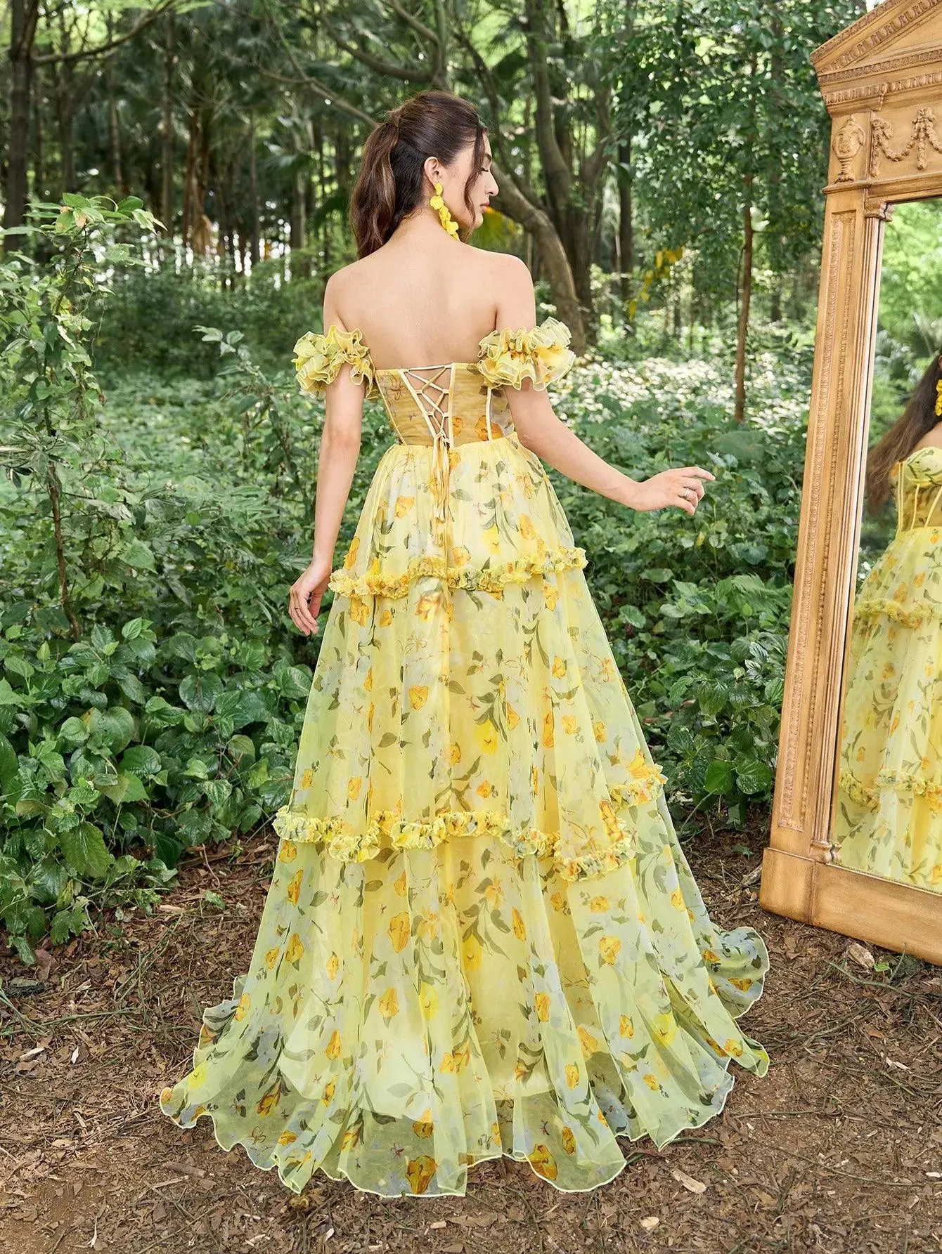 Elegant Ruffle Trim Off Shoulder Floral Tulle Prom Dress