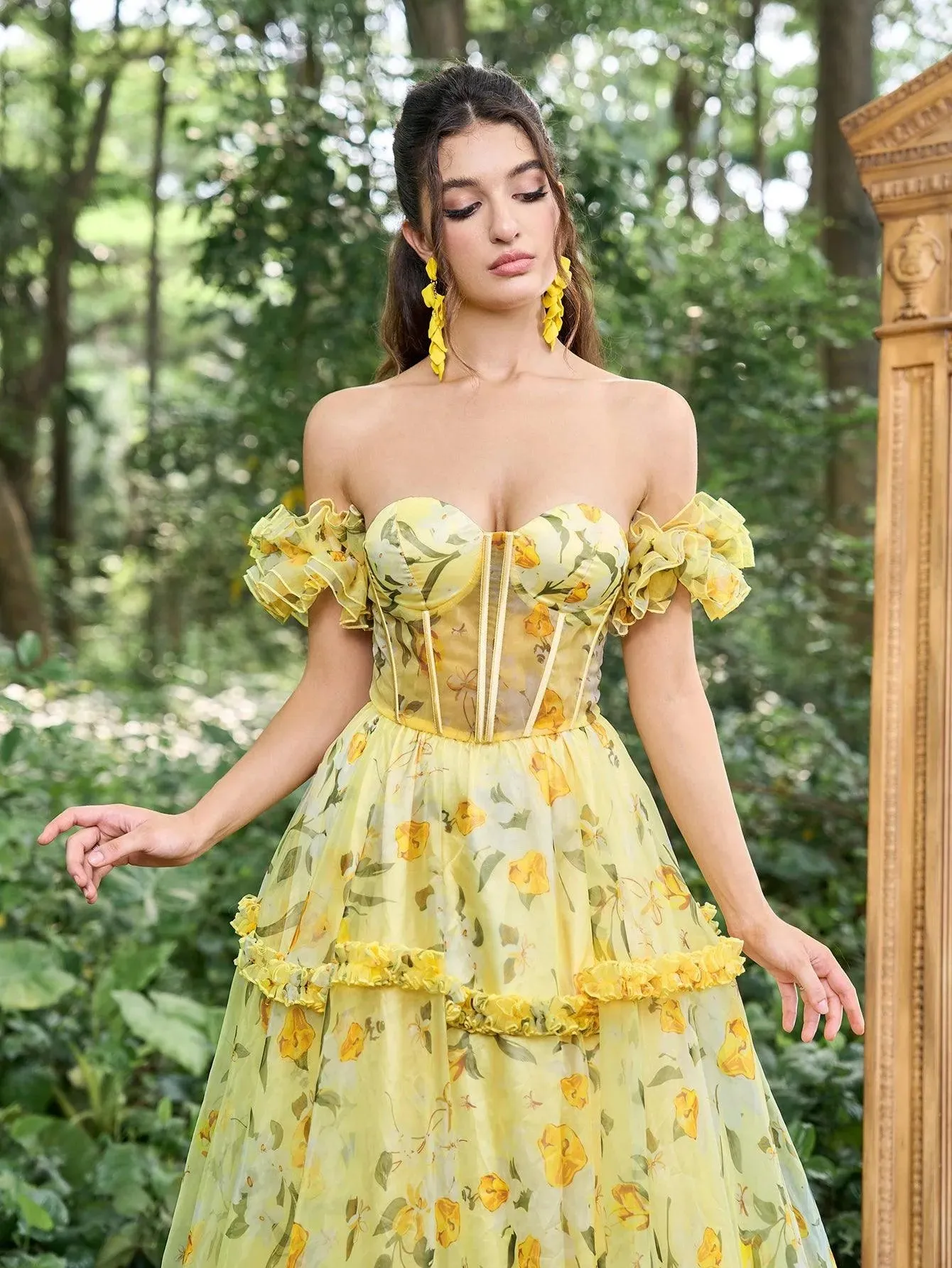 Elegant Ruffle Trim Off Shoulder Floral Tulle Prom Dress