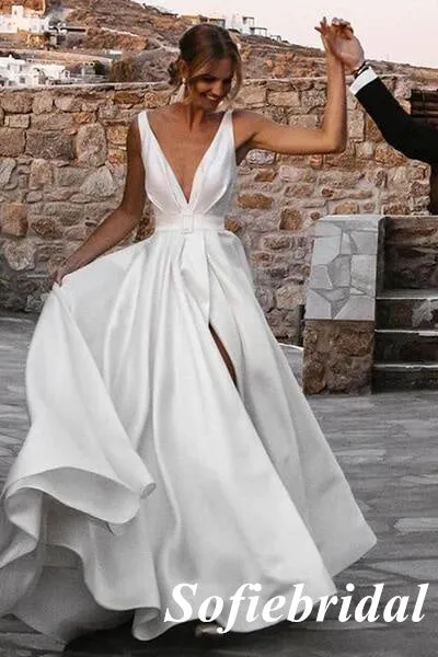 Elegant Spaghetti Straps Deep V-Neck Sleeveless A-Line Long Wedding Dresses With Split,SFWD0078