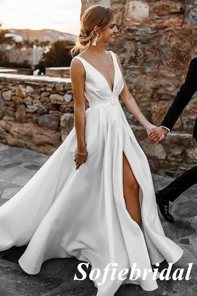 Elegant Spaghetti Straps Deep V-Neck Sleeveless A-Line Long Wedding Dresses With Split,SFWD0078