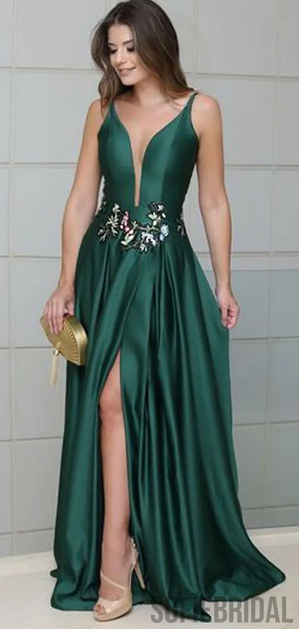 Emerald Green Long Satin Side Slit Embroidery Prom Dresses, PD0790