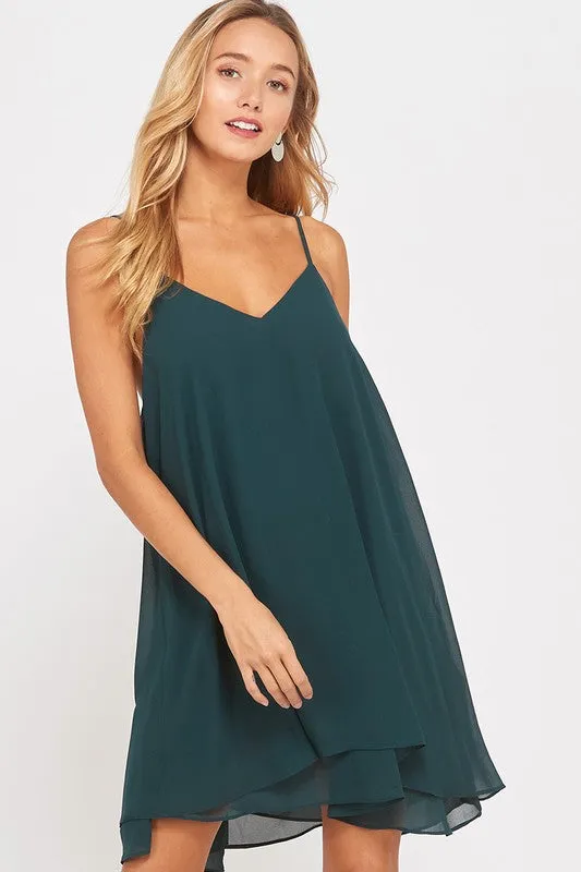 Essential Double Layered V-Neck Sleeveless Dress in Hunter Green