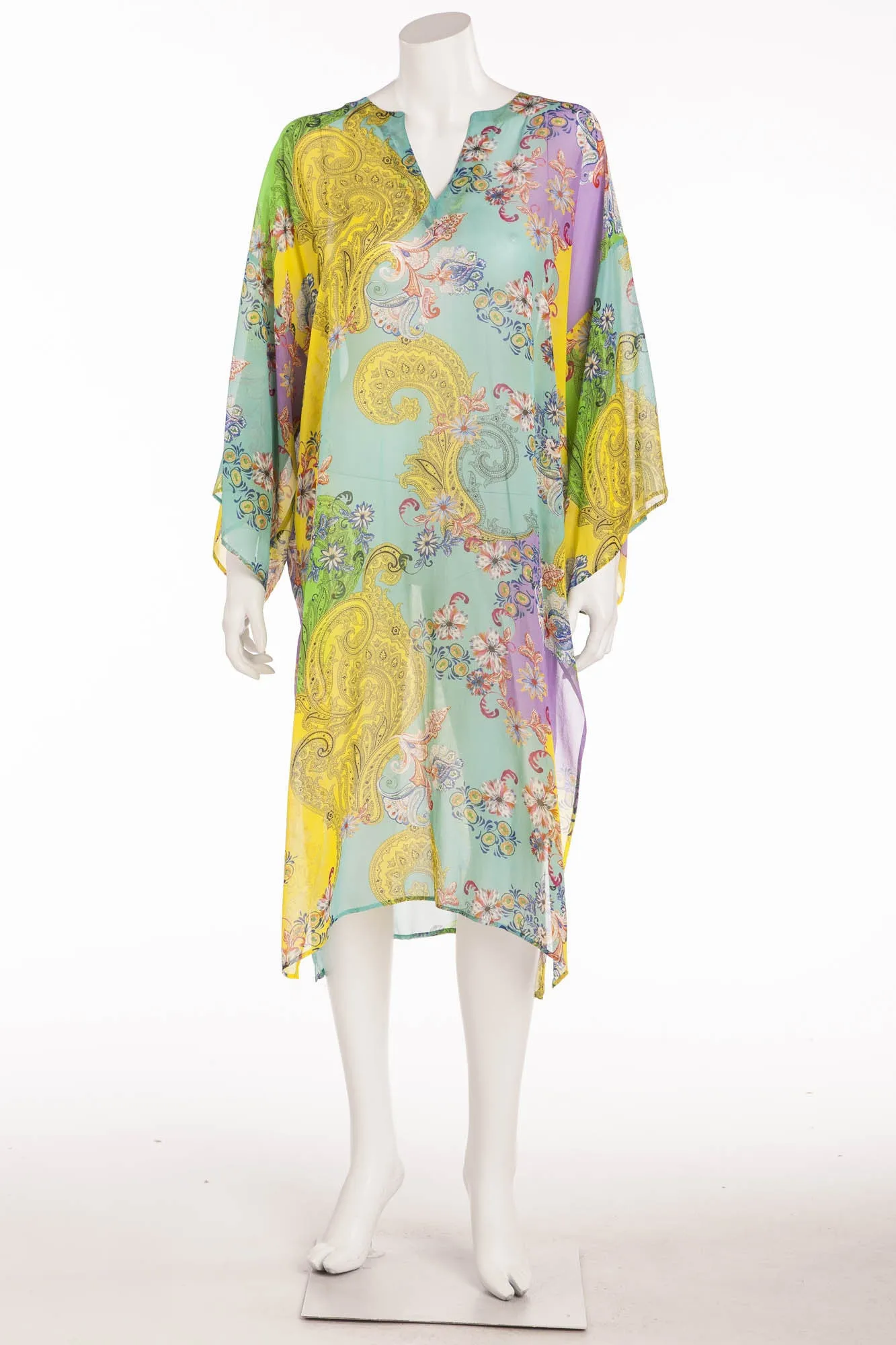 Etro - Purple, Green, Blue, Yellow Paisley Printed Silk-Georgette Kaftan - IT 44