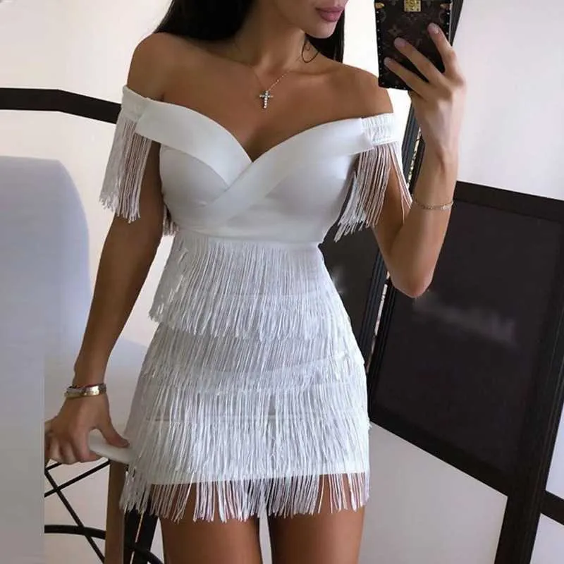 Fabulous White Layered Tassel Fringe Dress Off Shoulders