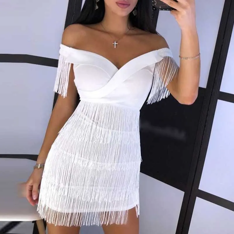 Fabulous White Layered Tassel Fringe Dress Off Shoulders