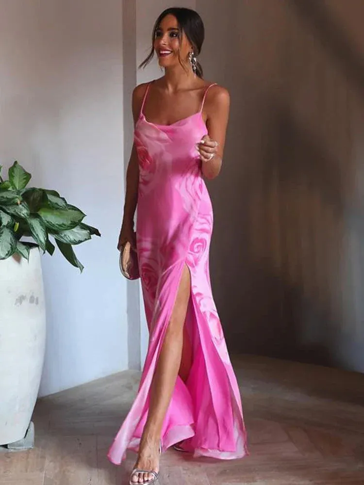 Fernanda - Satin silk long dress with rose detail