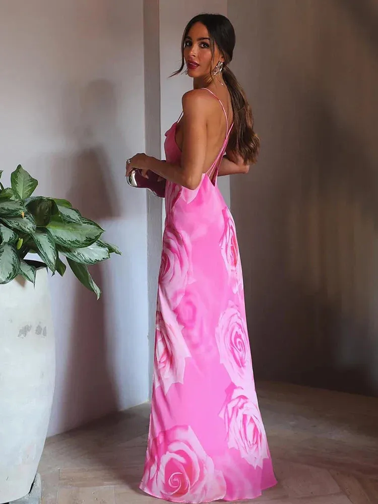 Fernanda - Satin silk long dress with rose detail