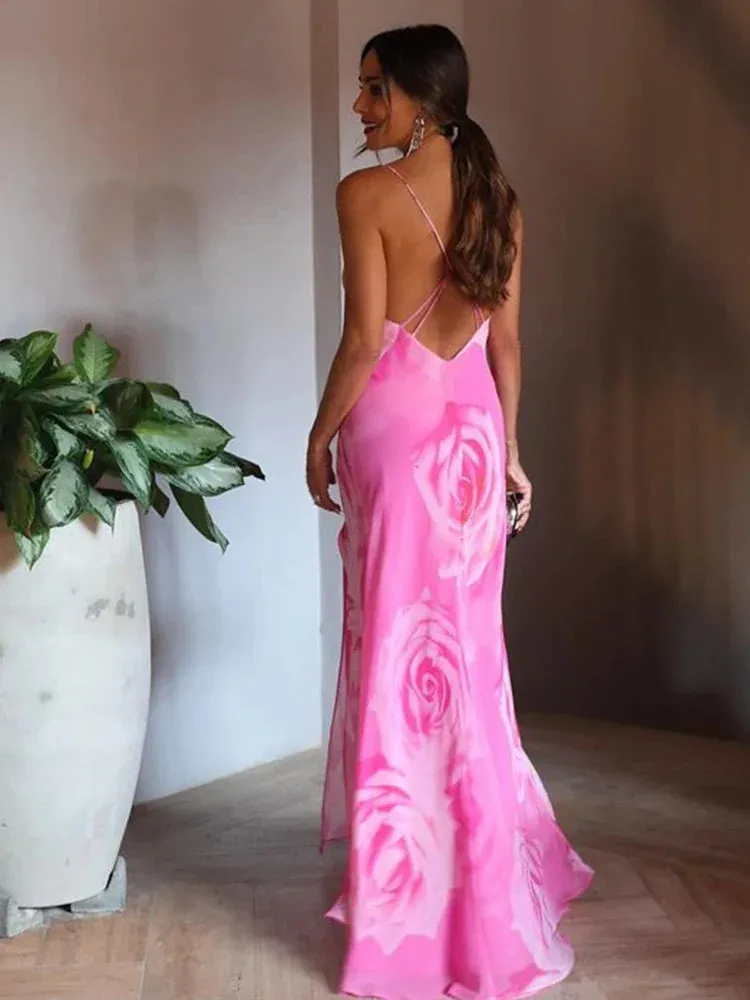 Fernanda - Satin silk long dress with rose detail