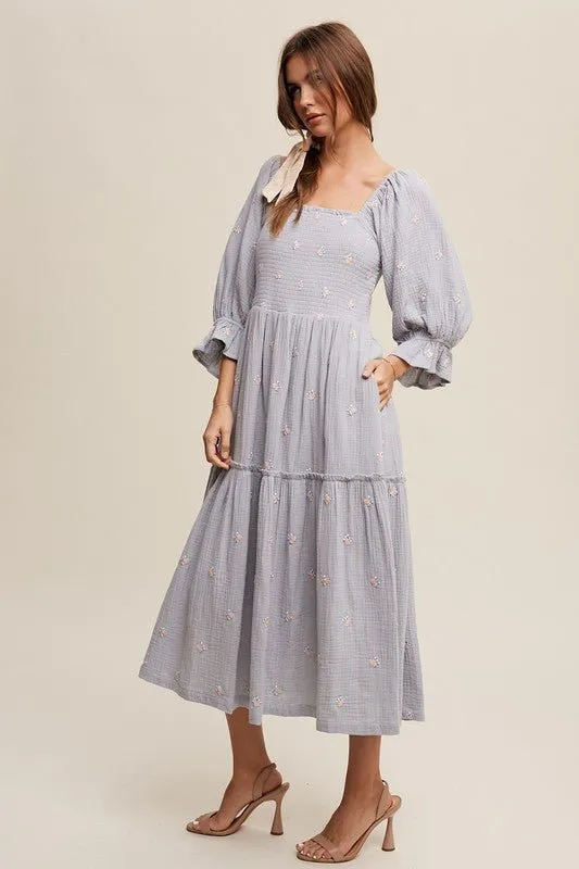 Floral Embroidery Puff Sleeve Maxi Dress