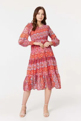 Floral Long Puff Sleeve Smock Dress