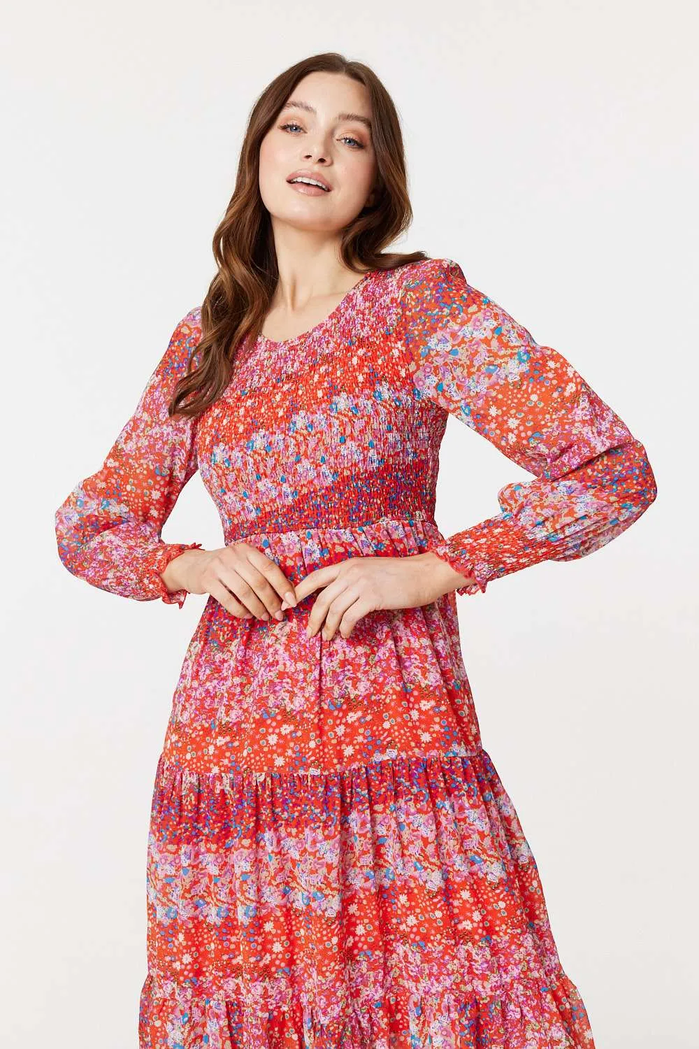 Floral Long Puff Sleeve Smock Dress