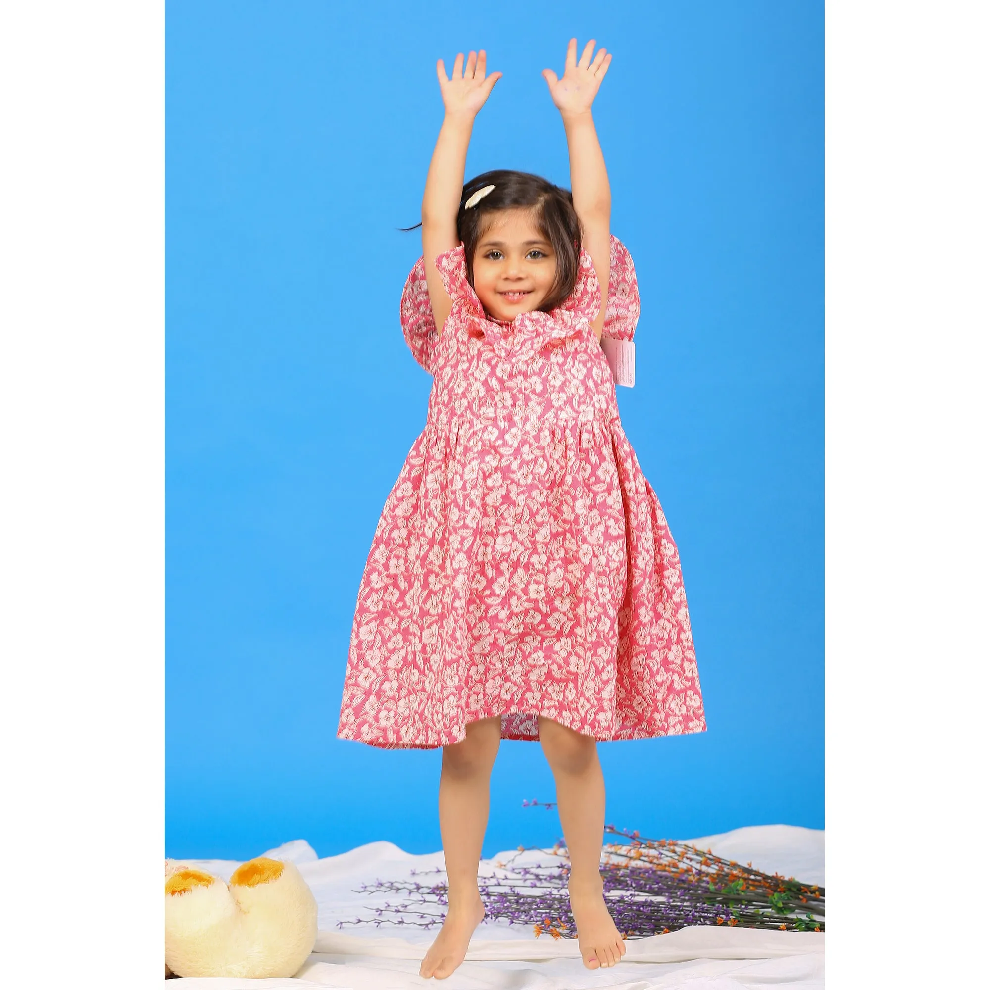 Floral Mosaic on Pink Off-shoulder Kids Dress