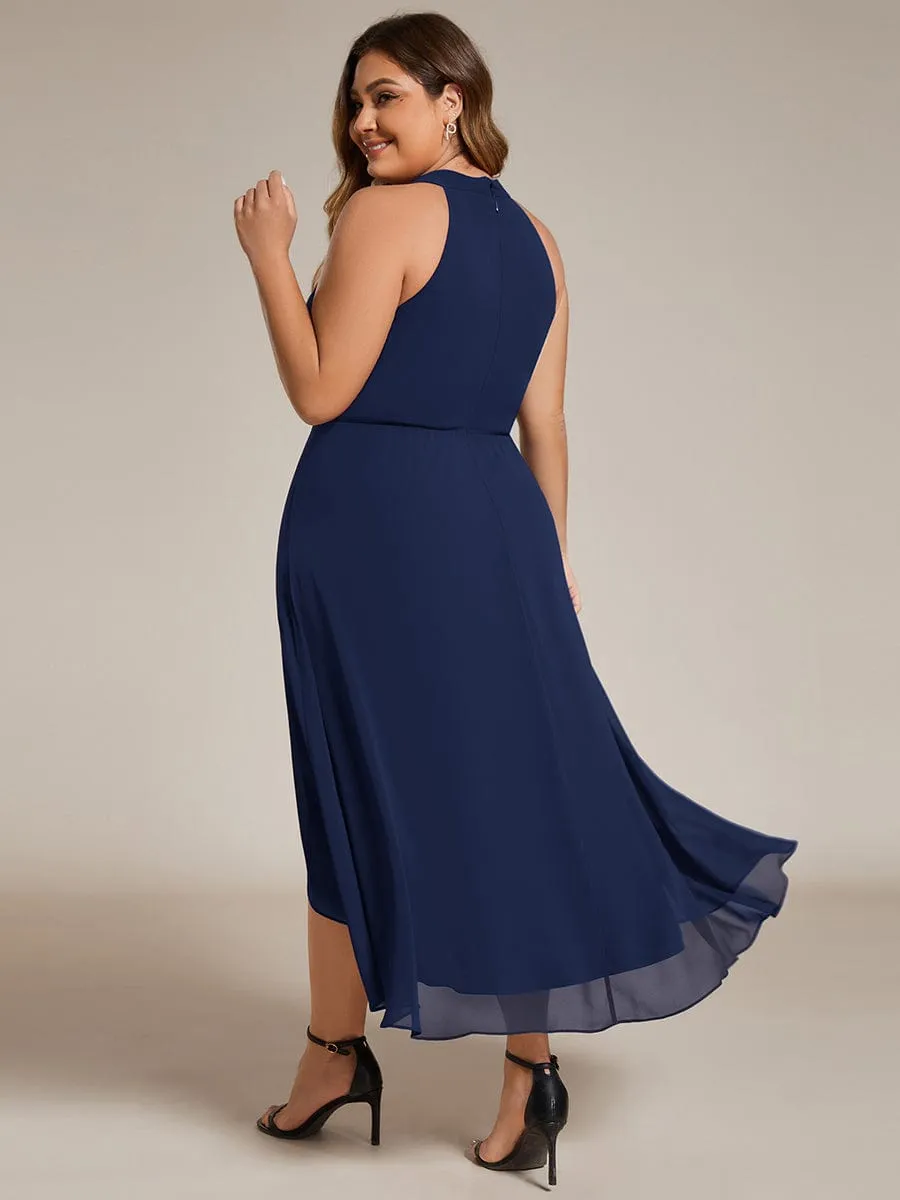 Flowy Plus Size Halter Neck Chiffon Midi Wedding Guest Dress