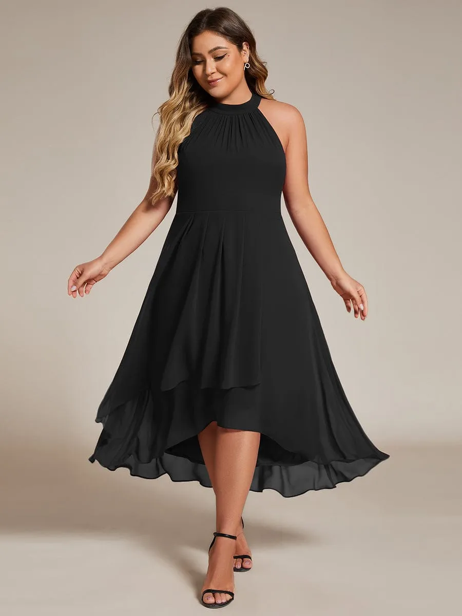 Flowy Plus Size Halter Neck Chiffon Midi Wedding Guest Dress