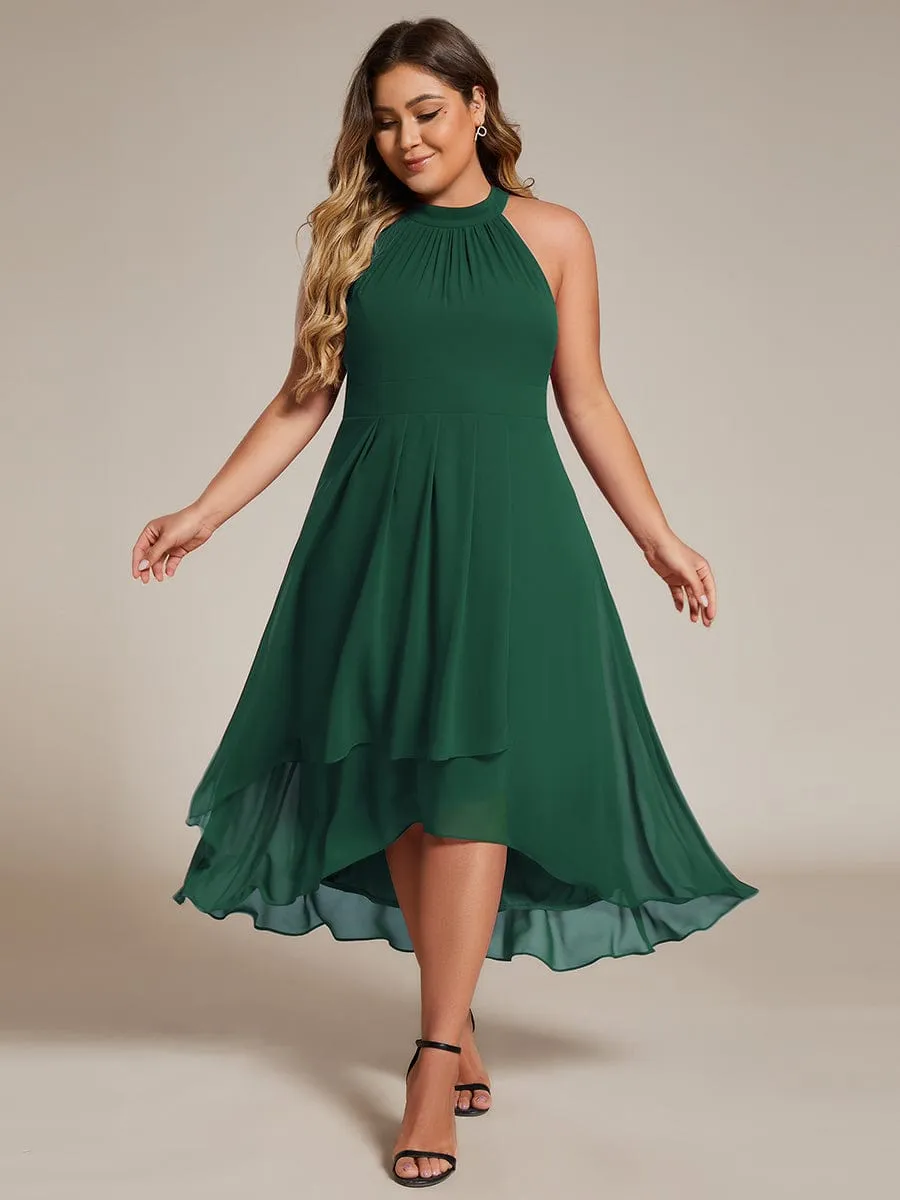 Flowy Plus Size Halter Neck Chiffon Midi Wedding Guest Dress