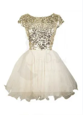 Gold sequin short sleeve Tulle homecoming prom dresses, cocktail dress, CM0012