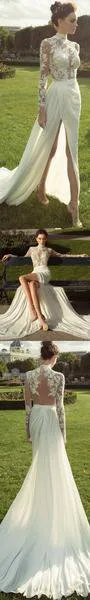 Gorgeous High Neck Long Sleeve See Through Lace Top Side Slit Chiffon Wedding Dress, WD0110