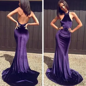 Gorgeous High Neck Sexy Backless Long Mermaid Purple Prom Dresses, PD0260